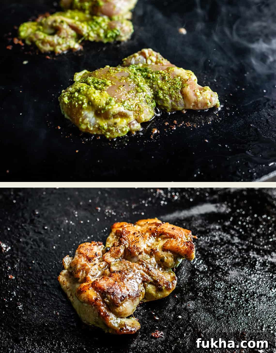 Two images show chicken cooking on a hot surface: the top image has raw chicken marinated with green pesto, and the bottom image shows the same chicken cooked to a golden brown.
