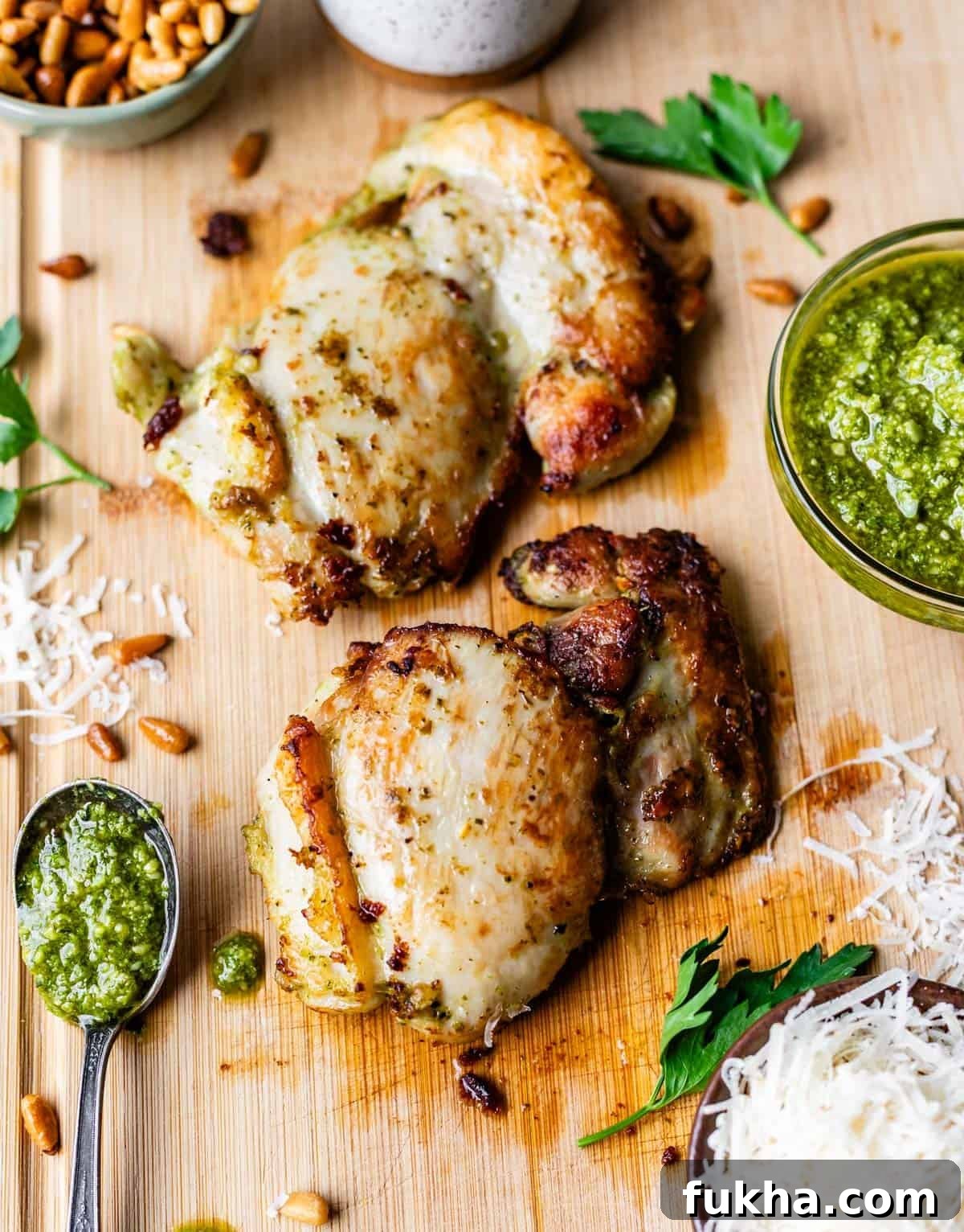 Two grilled chicken thighs sit on a wooden board, topped with green pesto sauce. Grated cheese, pine nuts, parsley, and a bowl of pesto are arranged around the chicken for garnish.