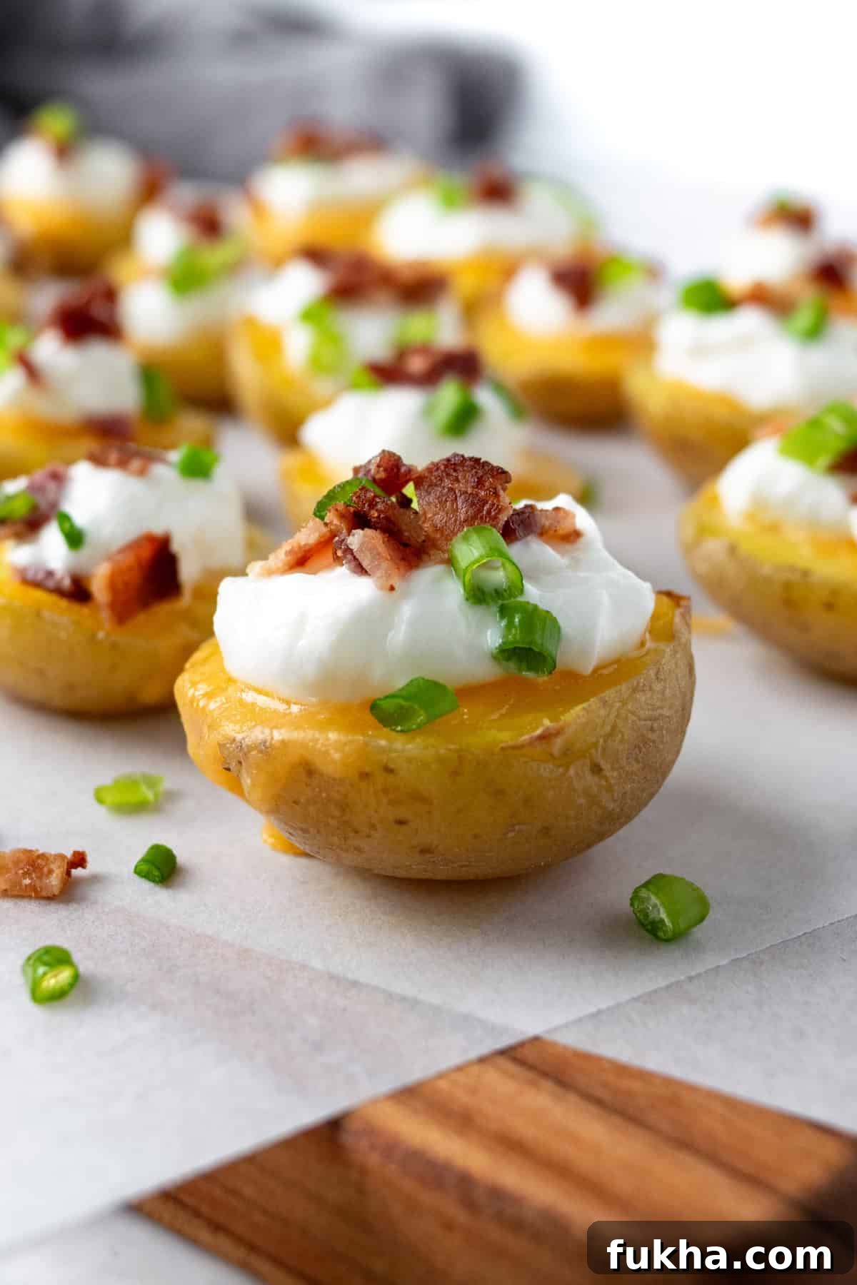Crispy Baked Potato Bites with Cheddar and Herbs 2 Baked Potato Bites topped with greek yogurt, bacon, and green onion.