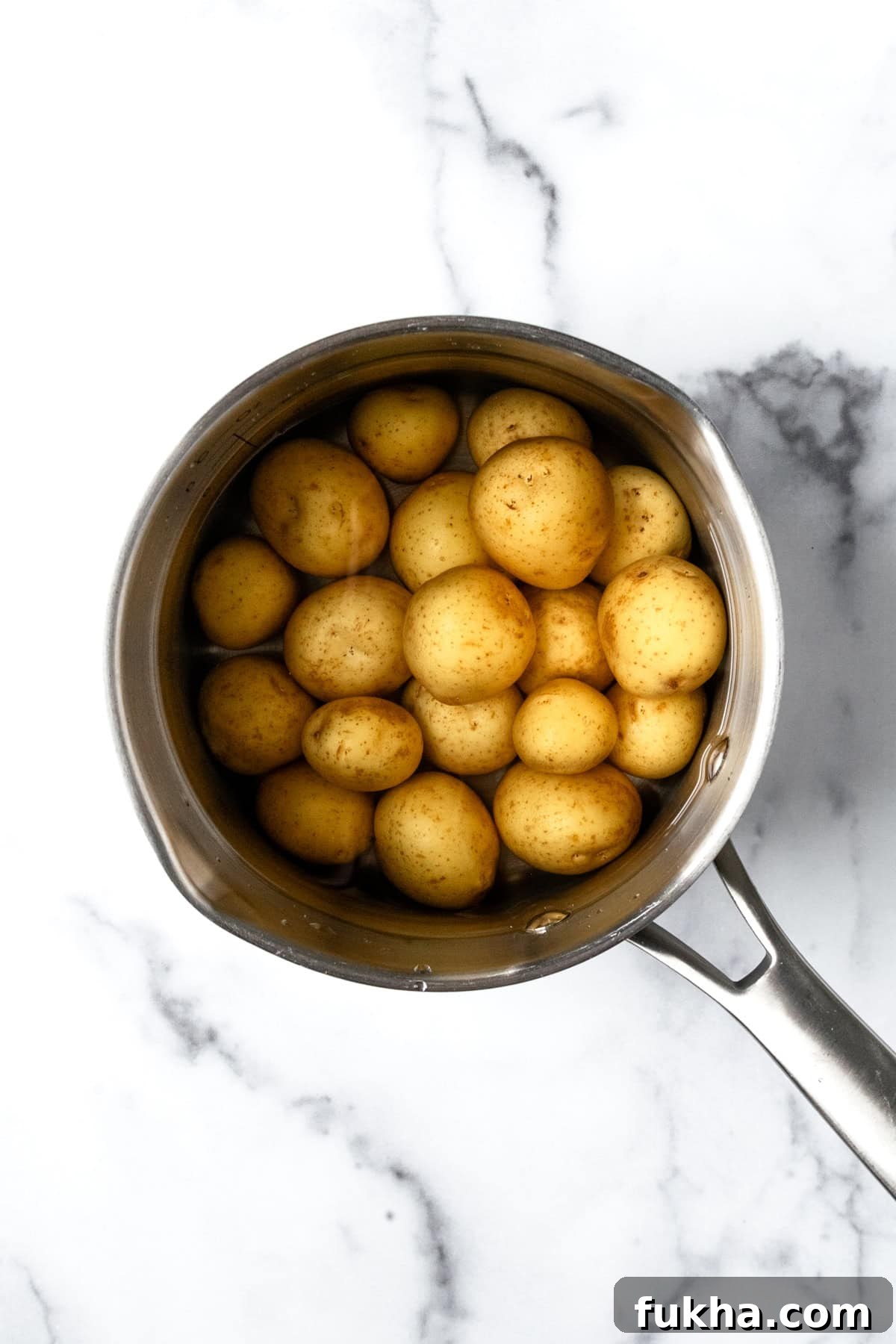 Crispy Baked Potato Bites with Cheddar and Herbs 4 Mini Yellow Potatoes in a Pot.