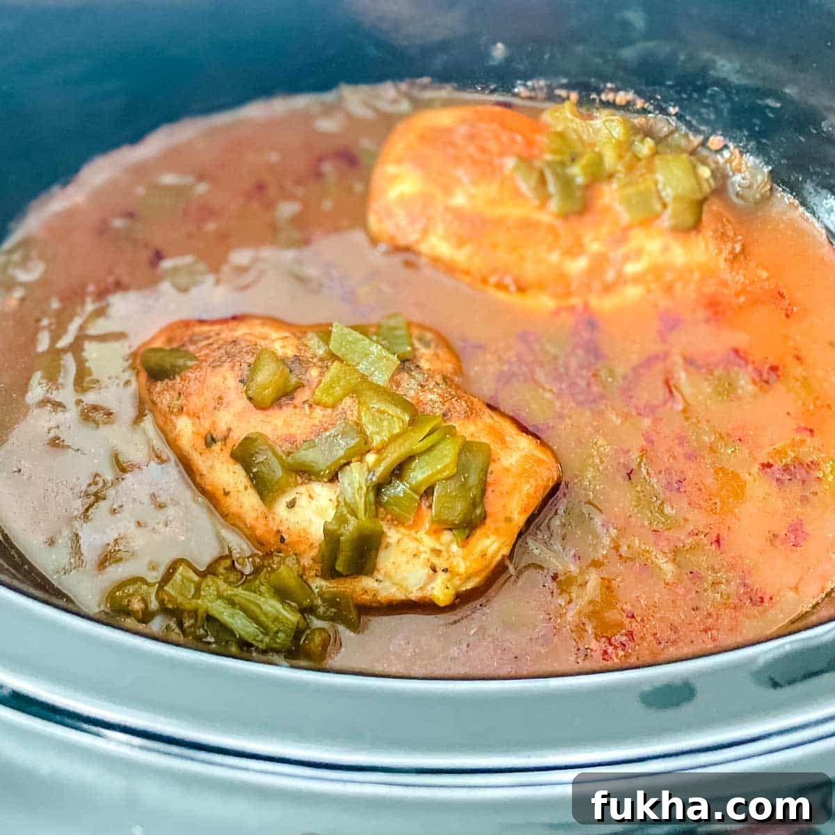 Slow Cooker Shredded Chicken Enchiladas 7 Cooked chicken in enchilada sauce is shown in the slow cooker.