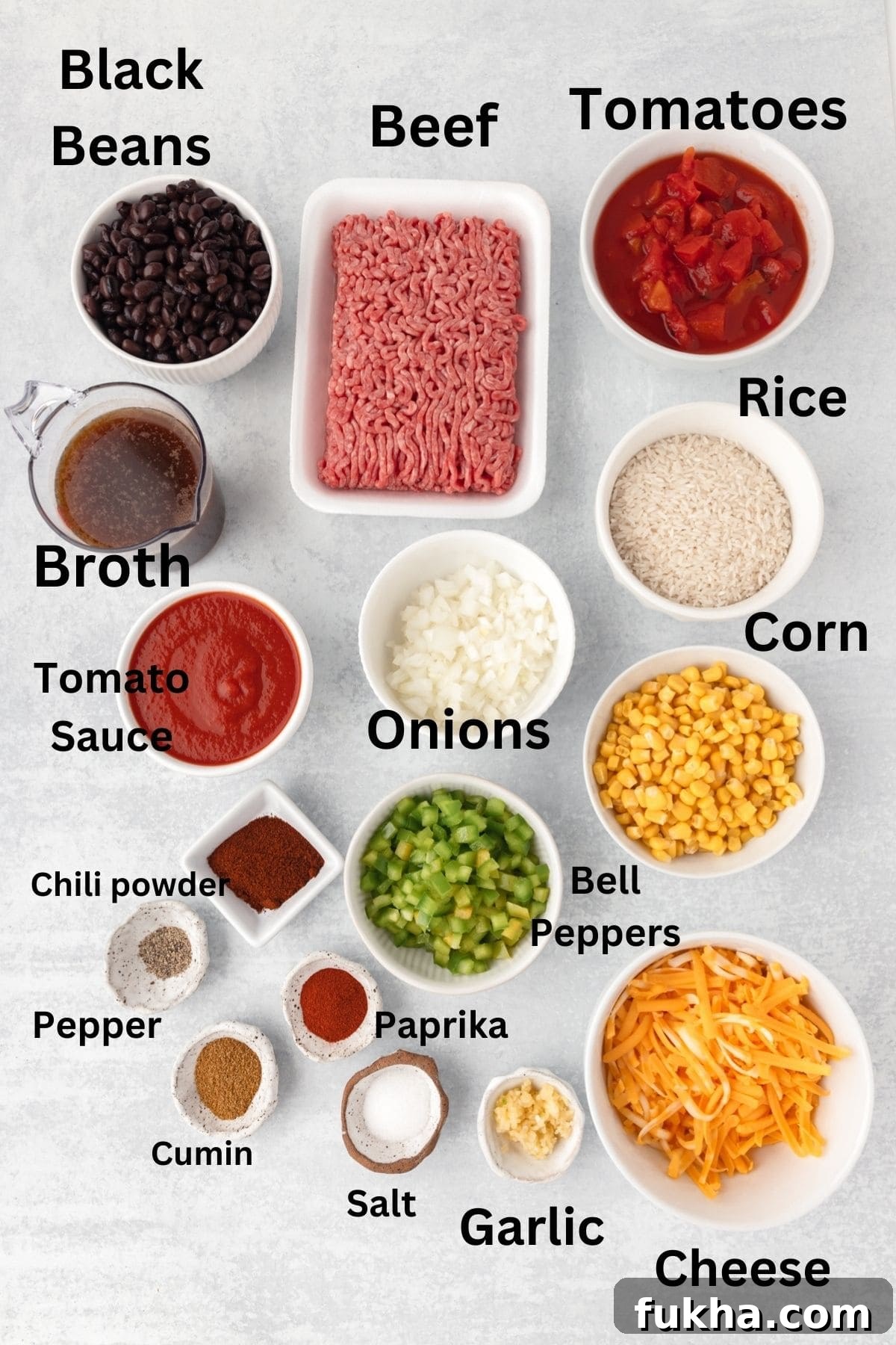 Ingredients for Mexican beef and rice.