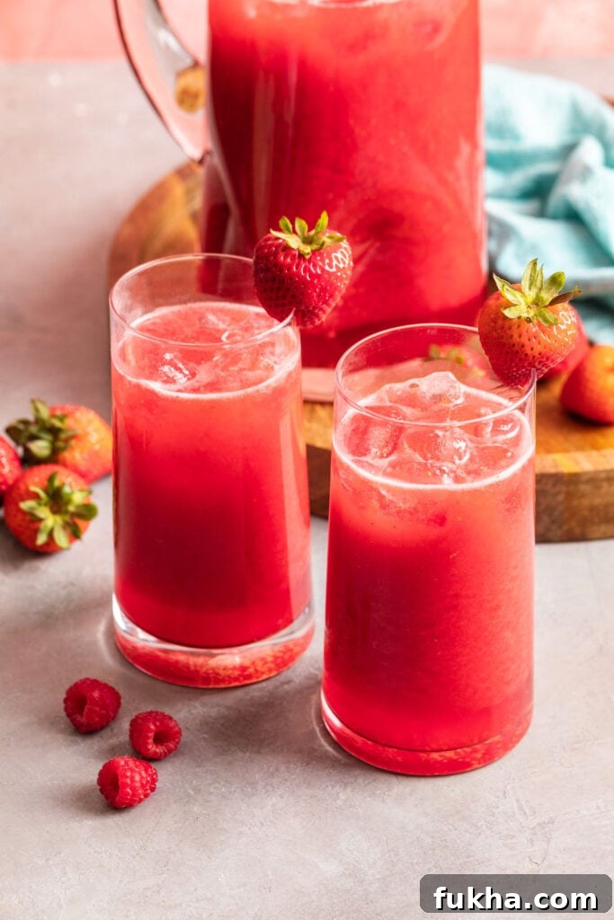 two glasses and a pitcher of berry hibiscus lemonade with fresh strawberries and raspberries 