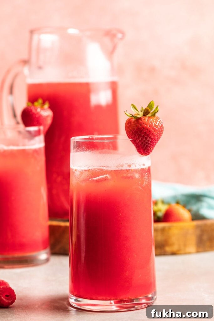 two glasses and a pitcher of berry hibiscus lemonade with fresh strawberries and raspberries 