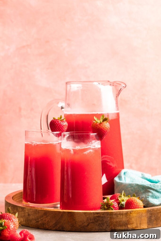 two glasses and a pitcher of berry hibiscus lemonade with fresh strawberries and raspberries 