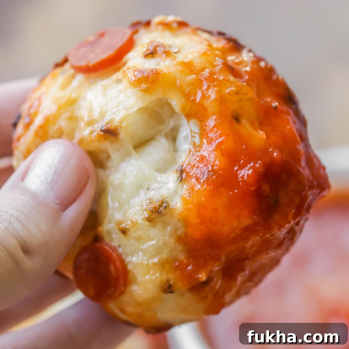 Close up of a hand holding a muffin pizza.