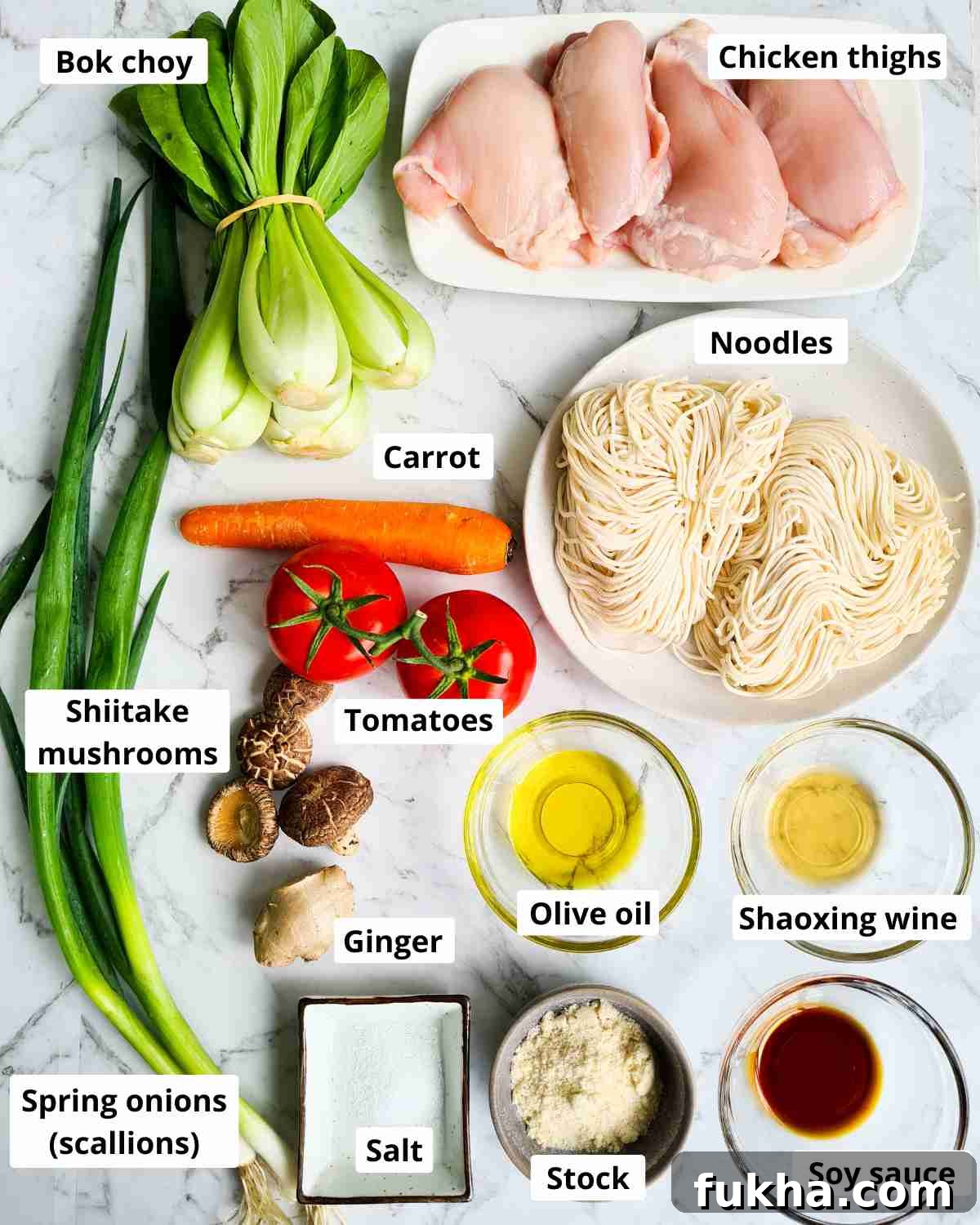 Ingredients required to make Chinese chicken noodle soup, labeled