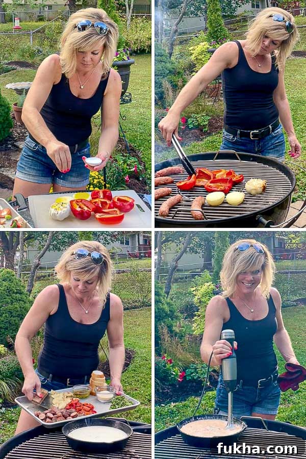 Grilled Italian Sausage Pasta 4 four images of Jennifer preparing grilled salsiccia pasta