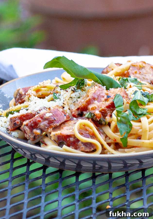 Grilled Italian Sausage Pasta 6 gray plate of grilled salsiccia pasta