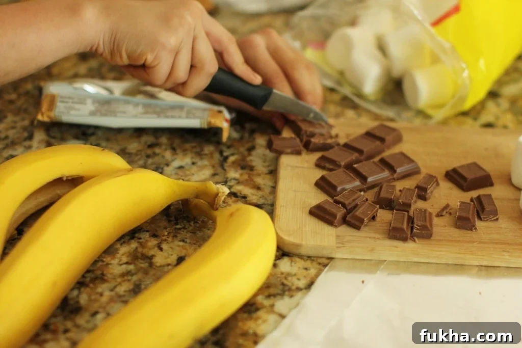 Campfire Banana Boat Recipe for Kids 8 chopping chocolate for Banana Boats