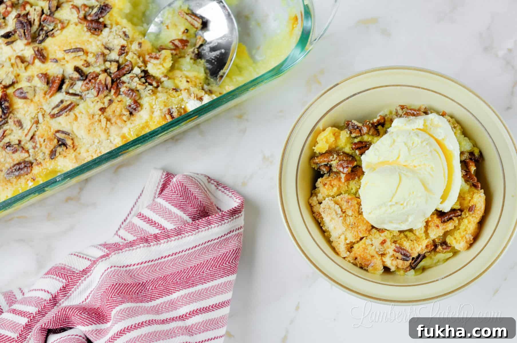 baking dish and bowl of pineapple dump cake.