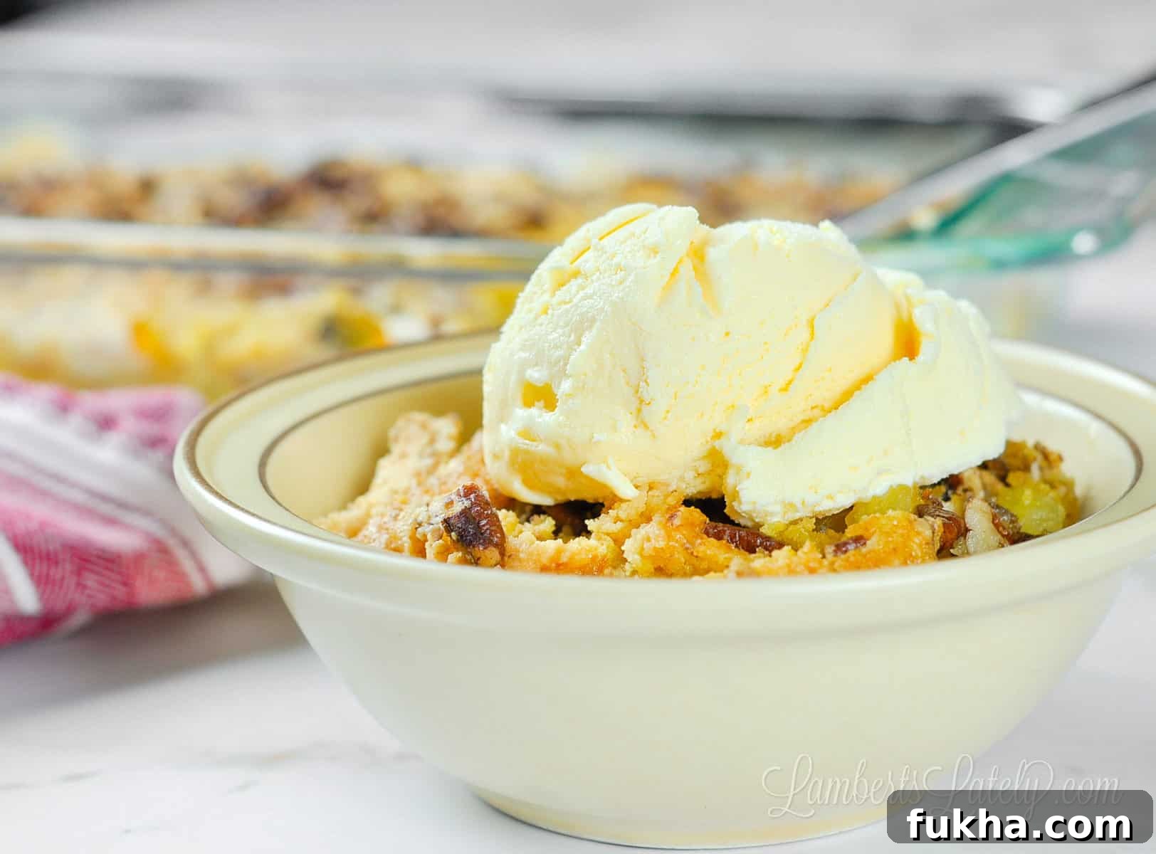 bowl of dump cake and ice cream.