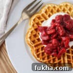 Waffle topped with Whipped Cream and Roasted Strawberries next to a fork.