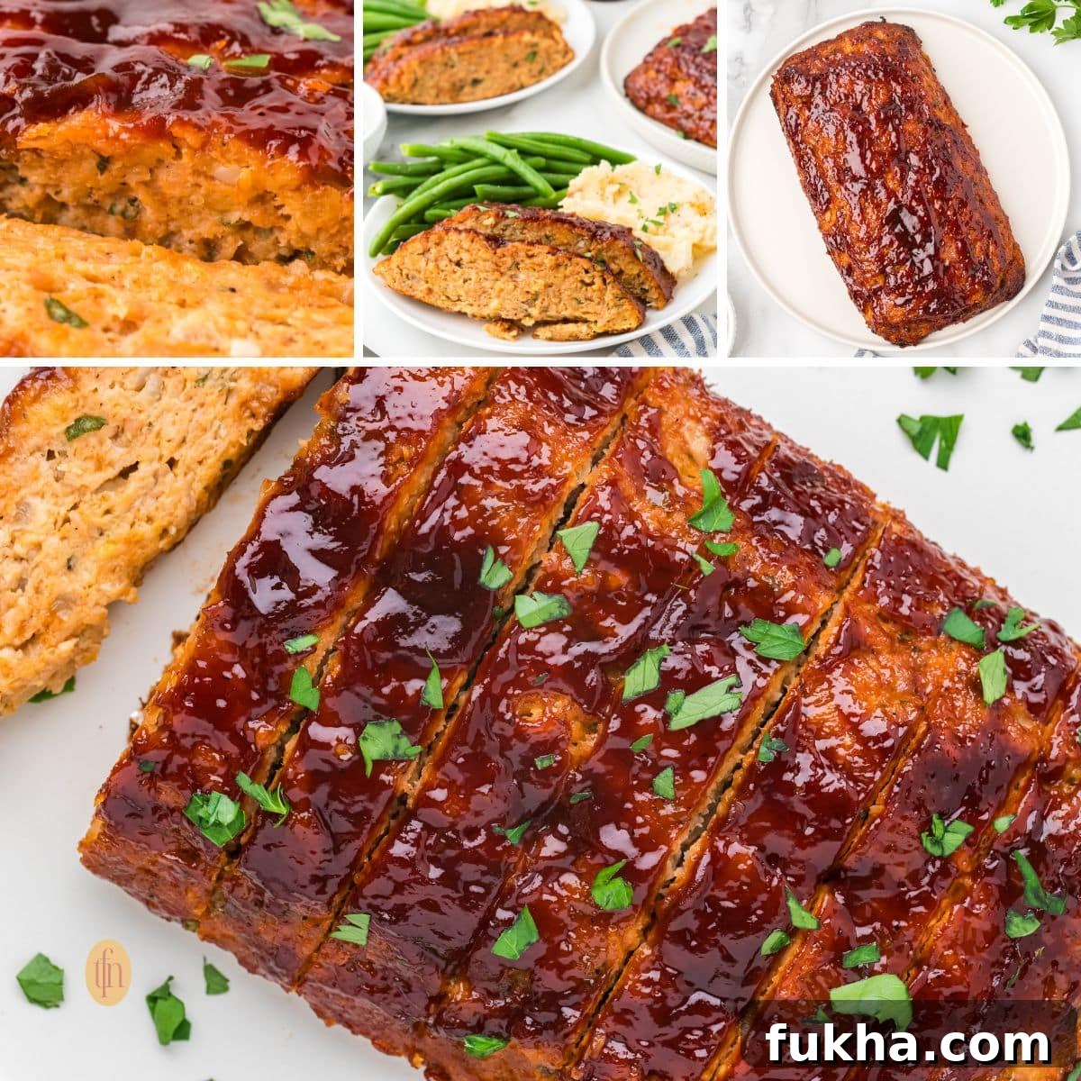 A collage of images of the finished chicken meatloaf. The large image shows the sliced, glazed loaf on a platter, and smaller inset images show close-ups and a plated serving with green beans and mashed potatoes.