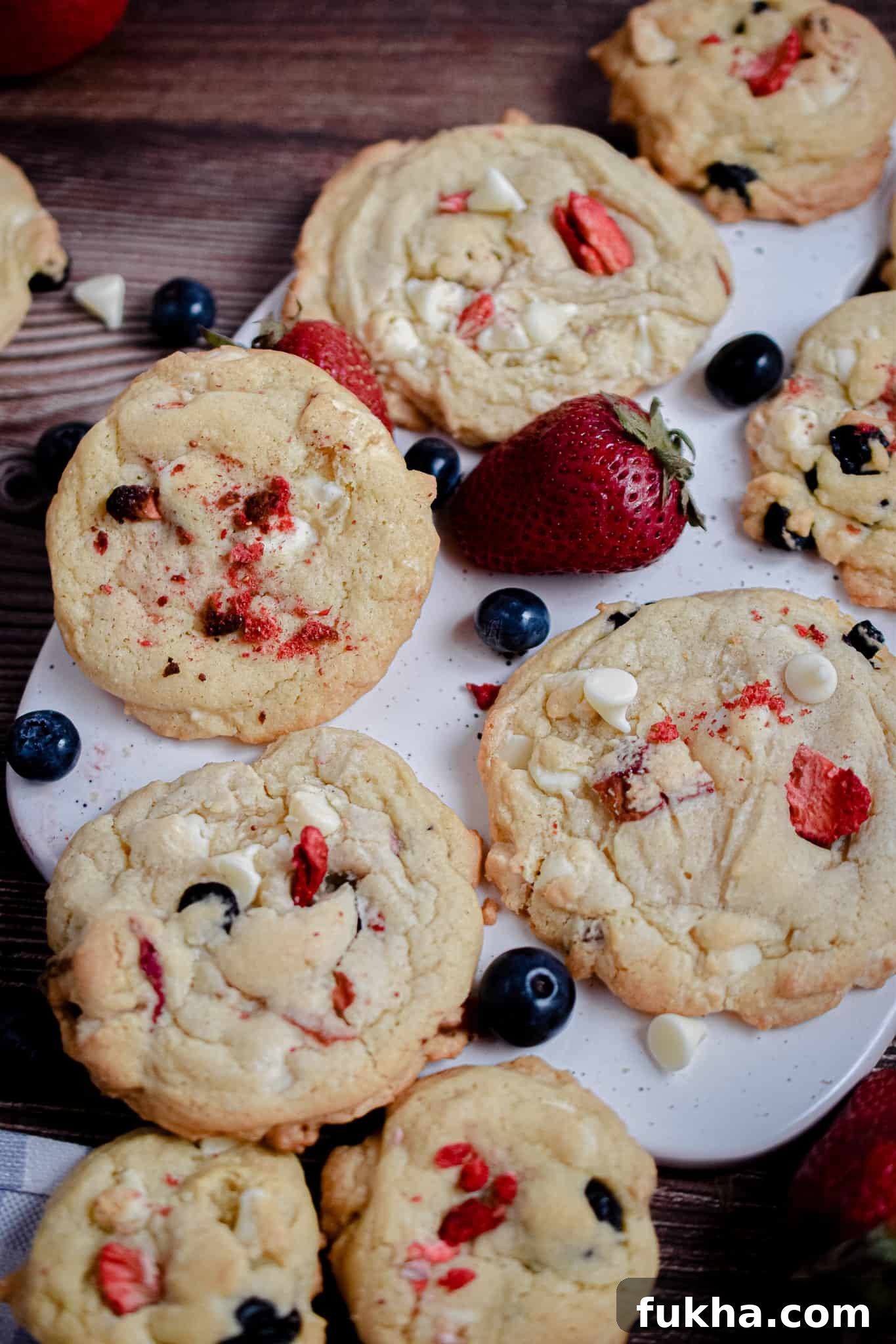 An overhead shot of a lot of strawberries, blueberries, and white chocolate chips with large red white and blue cookies.