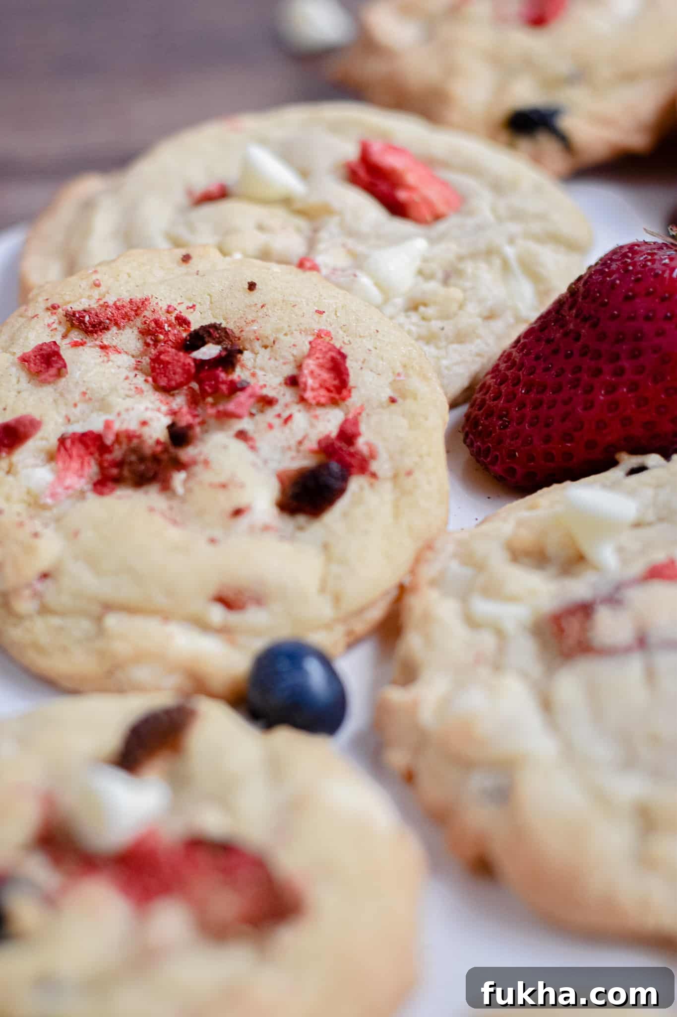 A close up of a strawberry and a red white and blue cookies