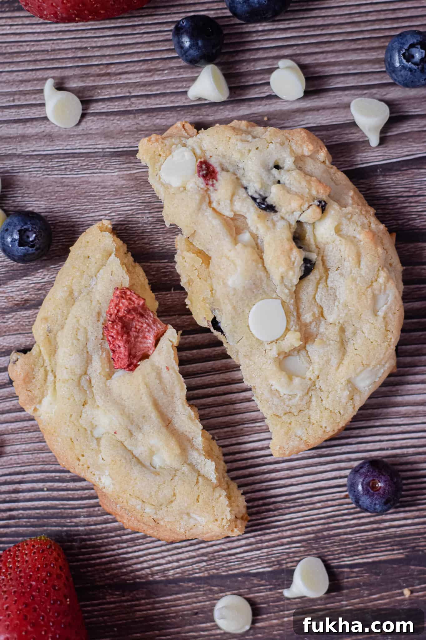 a red white and blue cookie is cut in half