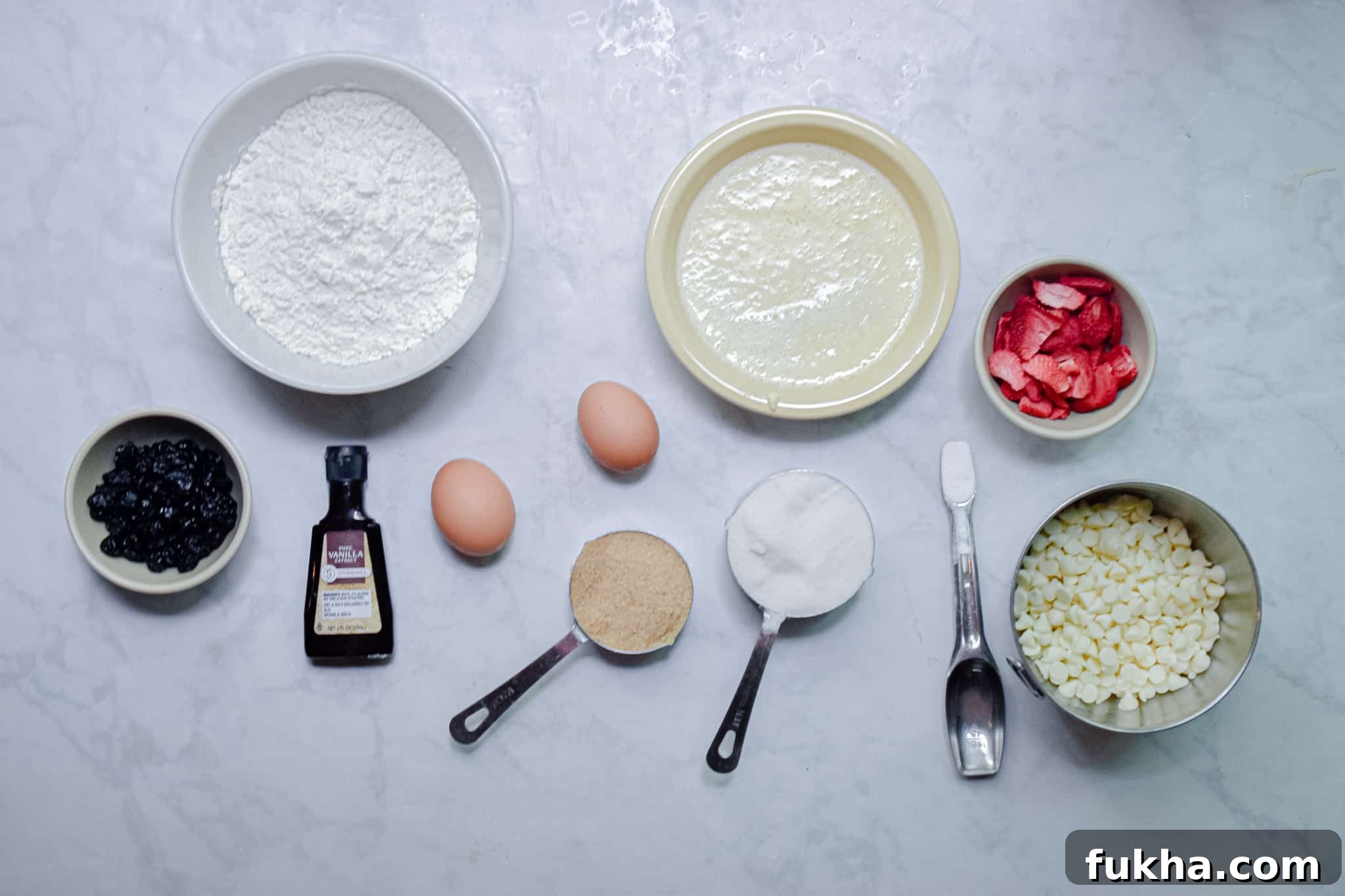 An overhead shot of the ingredients for red white and blue cookies