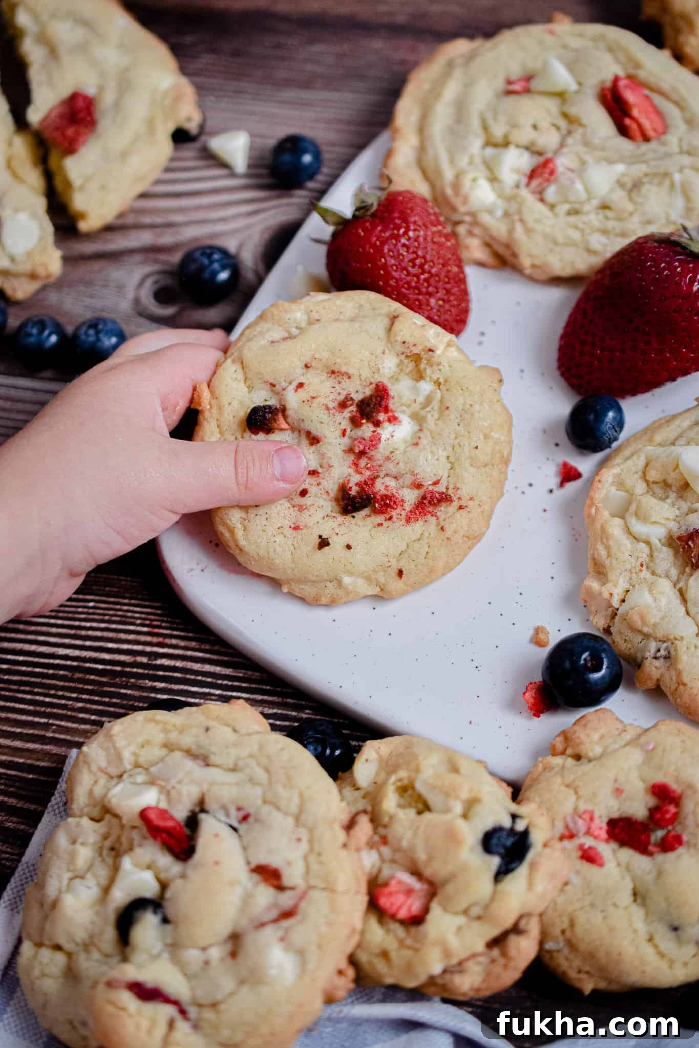 A child's hand is grabbing a red white and blue cookies.