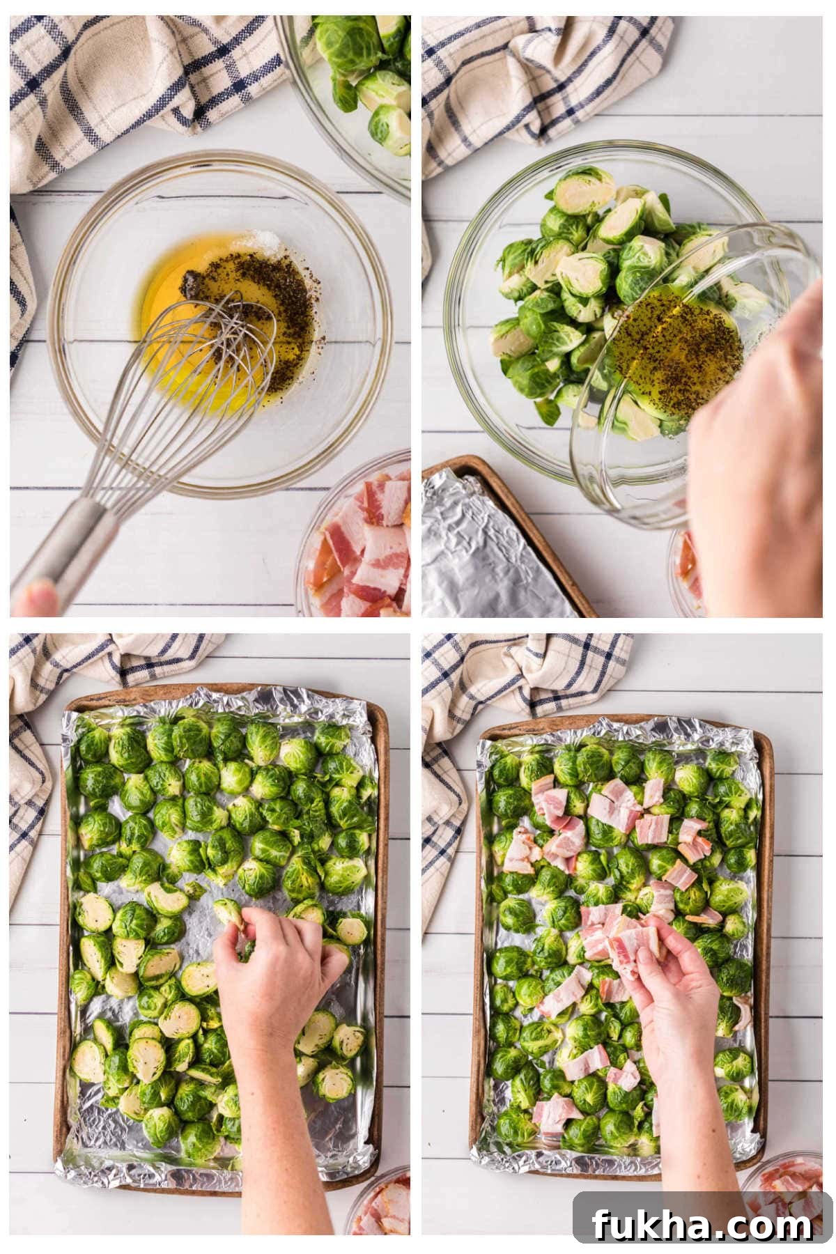 Step-by-step collage showing how to make maple roasted Brussels sprouts with bacon and cranberries.