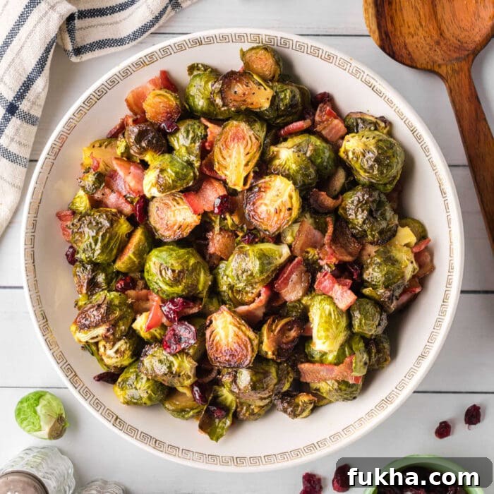 Overhead view of brussels sprouts in a serving dish.