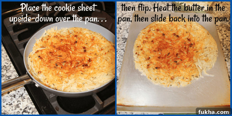 The pan and cookie sheet used to flip a large hash brown.