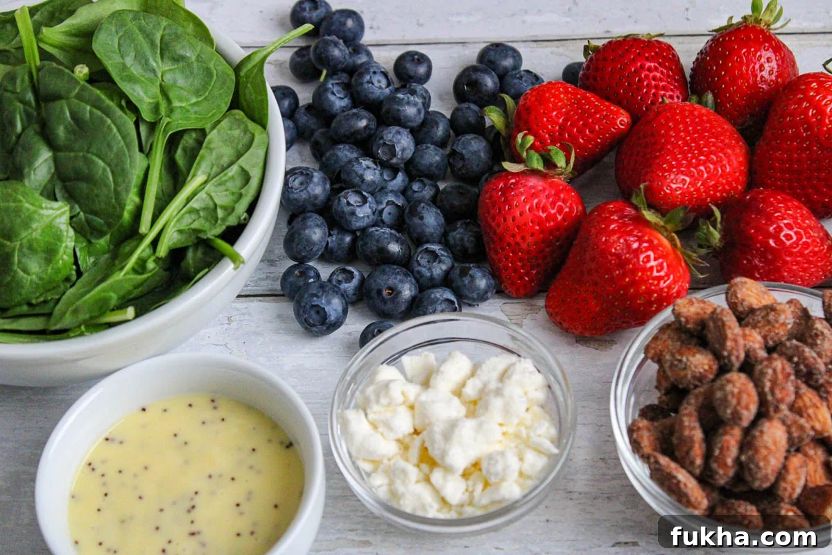 Ingredients for blueberries and strawberry salad with feta.