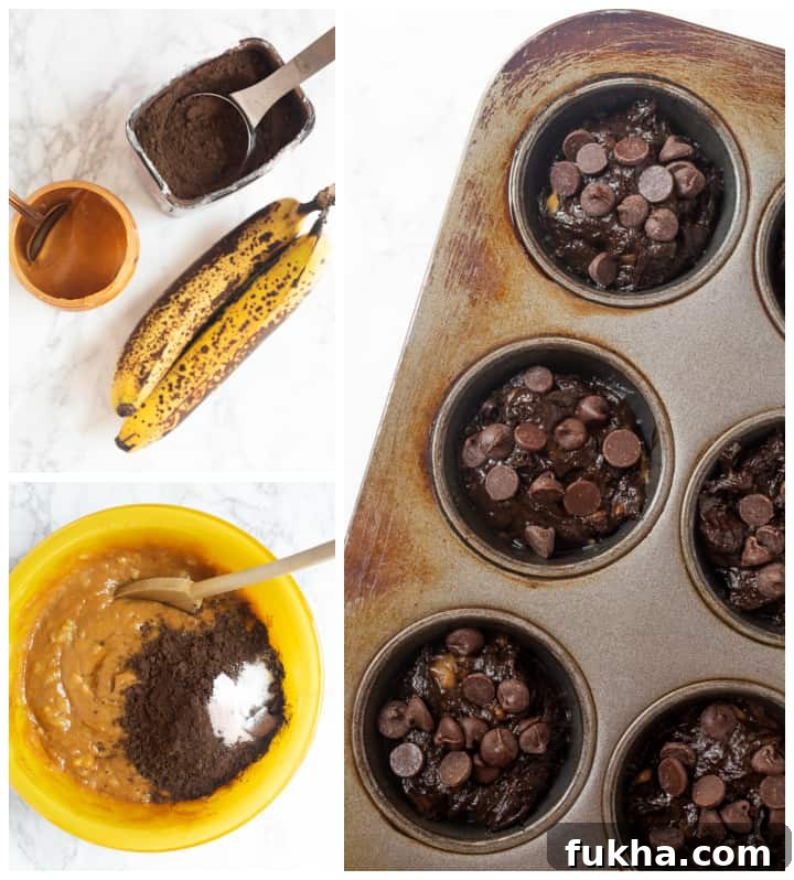 Baking ingredients for flourless peanut butter banana chocolate muffins 